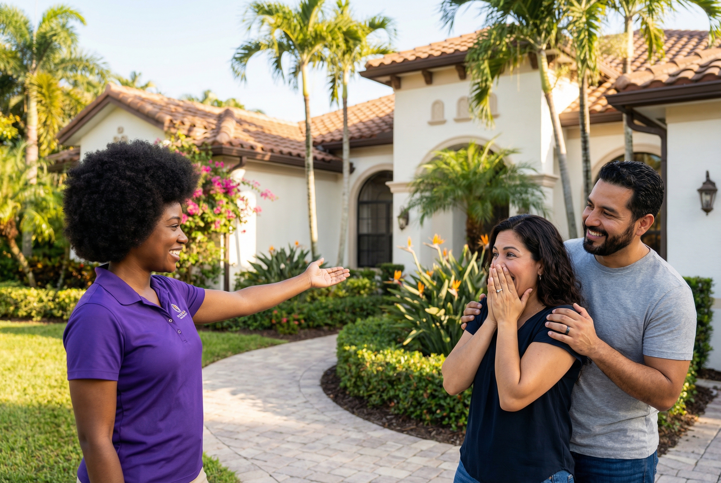 Permit Nirvana specialist presenting completed South Florida home to delighted homeowner couple