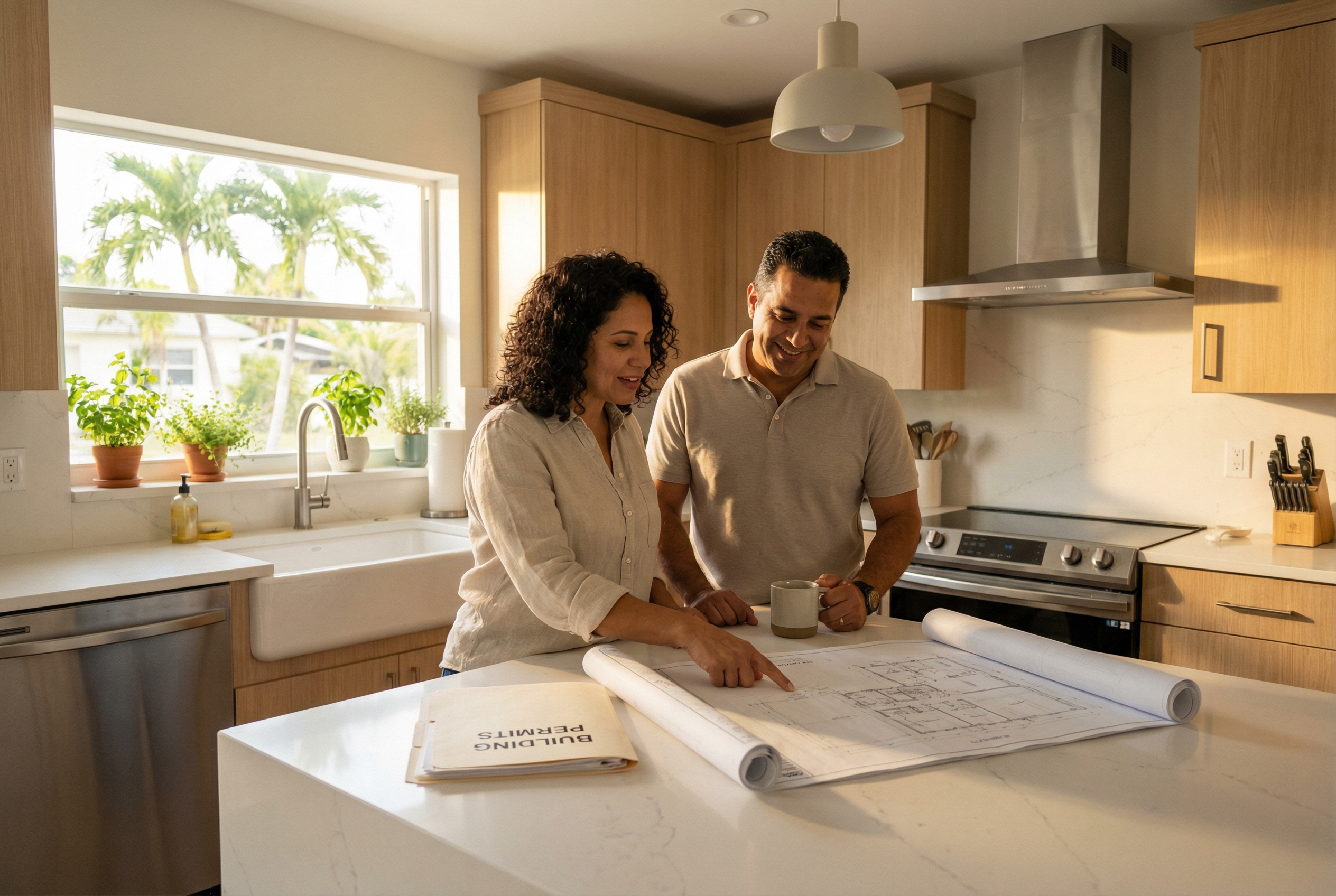 South Florida homeowner couple reviewing renovation plans at kitchen island